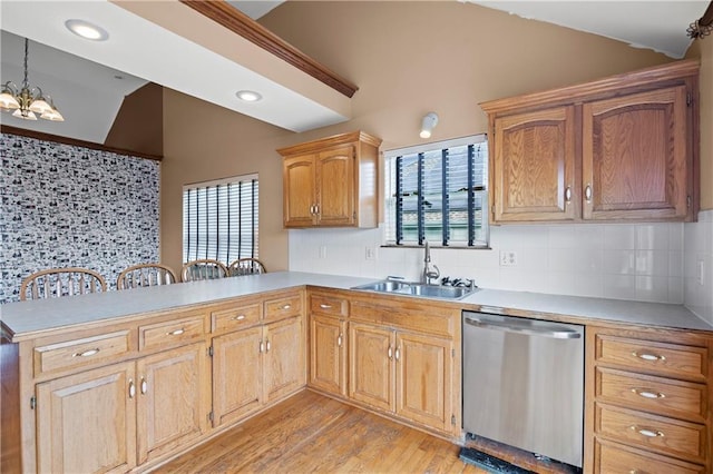 913 N Cochise Ave, Independence, MO 64056 - kitchen featuring stainless steel dishwasher, lofted ceiling, decorative backsplash, a peninsula, and light countertops