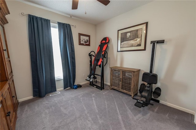 207 Woodhaven Dr, Smithville, MO 64089 - workout area featuring ceiling fan, a textured ceiling, and carpet floors