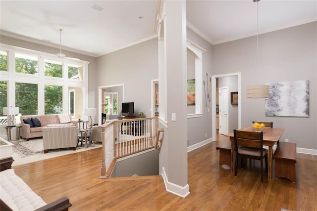 14333 Norwood St, Leawood, KS 66224 - living area featuring ornamental molding, a towering ceiling, and wood finished floors