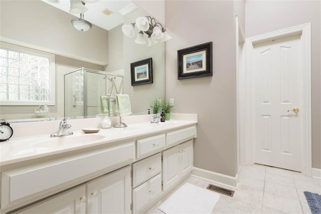 14333 Norwood St, Leawood, KS 66224 - bathroom featuring a shower stall, double vanity, and tile patterned floors
