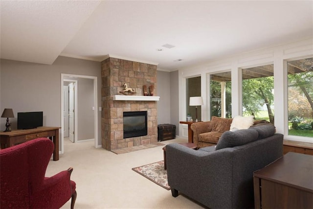 14333 Norwood St, Leawood, KS 66224 - living room featuring light carpet, a fireplace, and ornamental molding