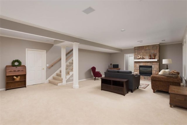 14333 Norwood St, Leawood, KS 66224 - living area featuring crown molding, a stone fireplace, stairway, and light colored carpet