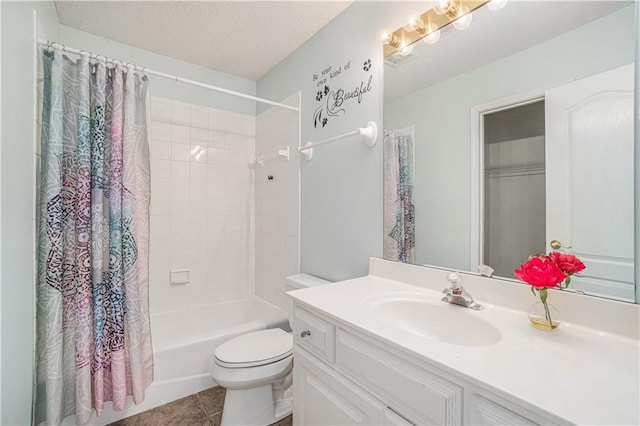 5713 NE Sapphire Ct, Lees Summit, MO 64064 - bathroom featuring vanity, shower / bathtub combination with curtain, tile patterned flooring, and a textured ceiling
