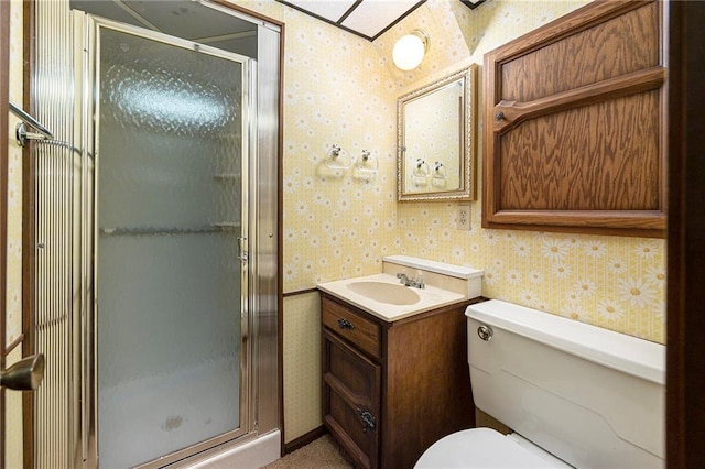 8201 W 89th St, Overland Park, KS 66212 - full bathroom featuring wallpapered walls, vanity, and a stall shower