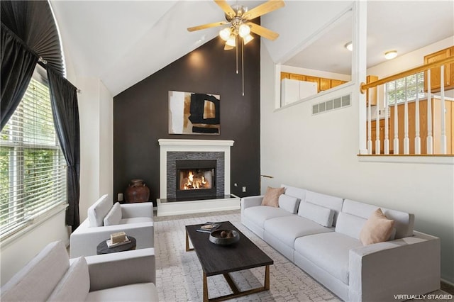 17150 S Walter St, Gardner, KS 66030 - living room featuring ceiling fan, a fireplace, and vaulted ceiling