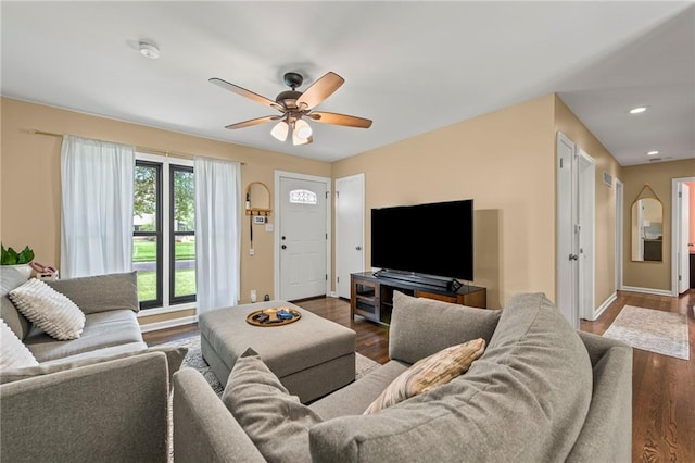 8751 Goddard St, Overland Park, KS 66214 - living room featuring wood finished floors, a ceiling fan, and recessed lighting