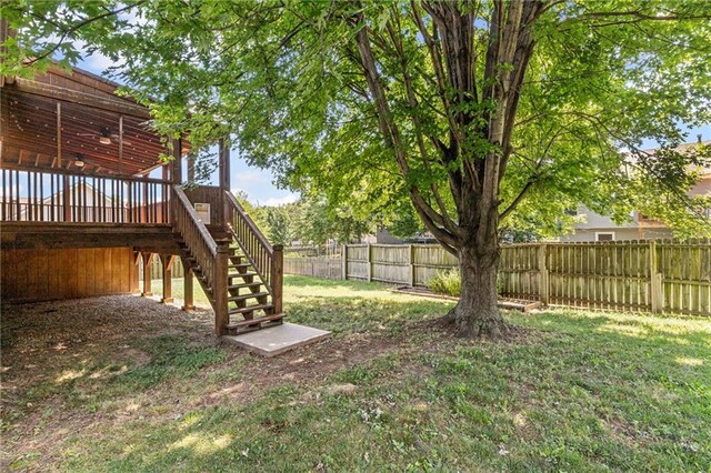 12324 S Clinton St, Olathe, KS 66061 - fenced backyard featuring stairs, a ceiling fan, and a wooden deck