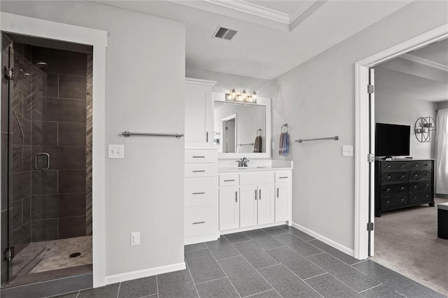 2312 SW Morris Dr, Lees Summit, MO 64082 - full bath featuring vanity, a stall shower, ornamental molding, and tile patterned floors