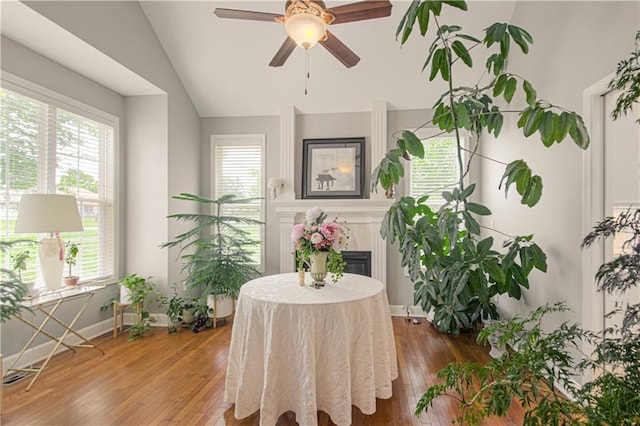 908 Pca Rd, Warrensburg, MO 64093 - dining space featuring ceiling fan, plenty of natural light, hardwood / wood-style floors, vaulted ceiling, and a glass covered fireplace