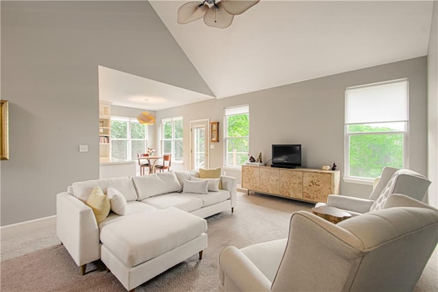 908 Pca Rd, Warrensburg, MO 64093 - living room with ceiling fan, carpet, and high vaulted ceiling