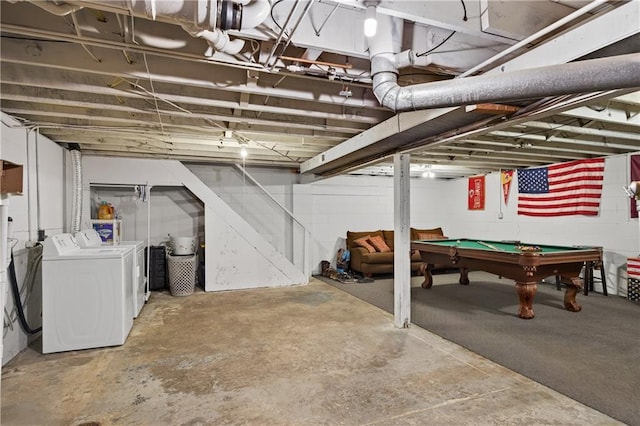 1304 S 39th St, Saint Joseph, MO 64507 - unfinished below grade area with washing machine and dryer, pool table, and stairway