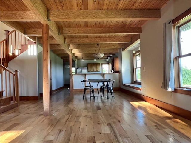 11320 Reno Rd, Oskaloosa, KS 66066 - unfurnished dining area featuring wood finished floors, plenty of natural light, stairway, and a wooden ceiling with exposed beams