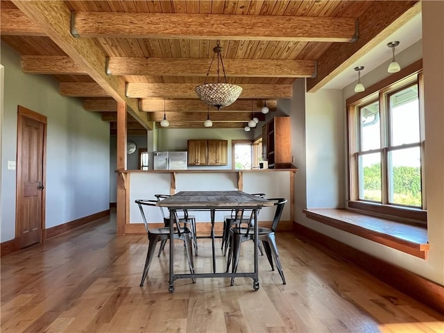 11320 Reno Rd, Oskaloosa, KS 66066 - dining room featuring a wooden ceiling with exposed beams and light wood-style flooring