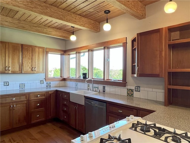 11320 Reno Rd, Oskaloosa, KS 66066 - kitchen with stainless steel dishwasher, open shelves, a wood ceiling with exposed beams, decorative light fixtures, and brown cabinetry