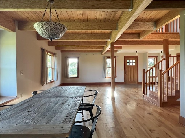 11320 Reno Rd, Oskaloosa, KS 66066 - dining space featuring a wood ceiling with exposed beams, light wood-style flooring, and stairs
