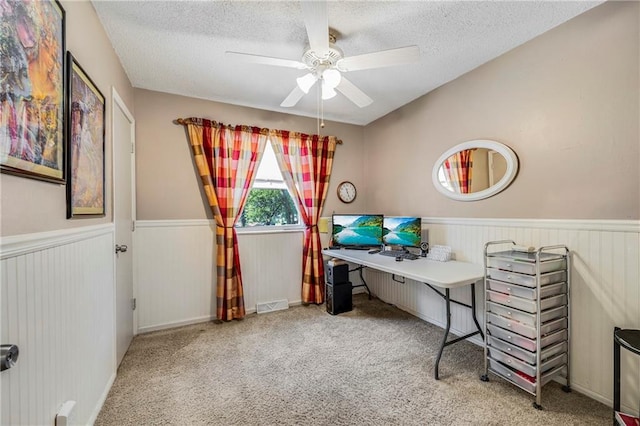 300 NE R D Mize Rd, Blue Springs, MO 64014 - carpeted home office with wainscoting, a textured ceiling, and ceiling fan