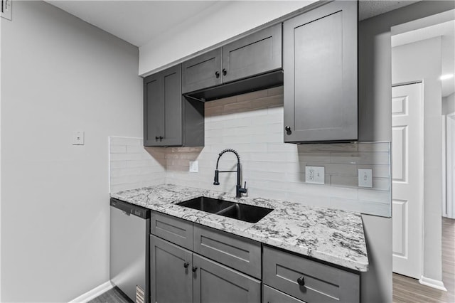 10240 W 96th Ter Unit B, Overland Park, KS 66212 - kitchen with dishwasher, gray cabinets, tasteful backsplash, and light stone counters