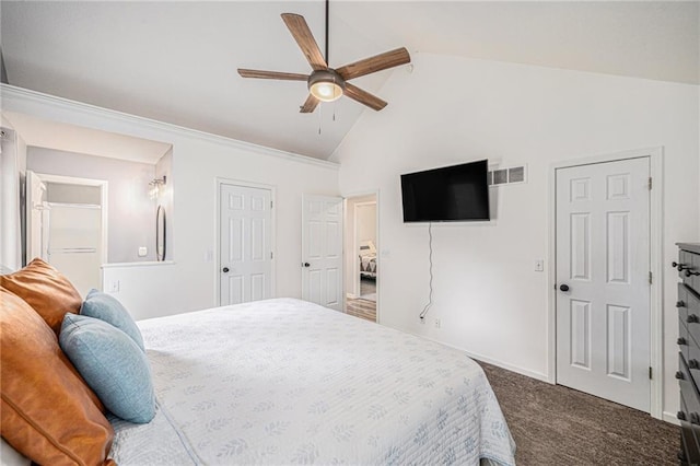 10512 Shelton Ave, Edwardsville, KS 66111 - bedroom featuring dark carpet, high vaulted ceiling, and a ceiling fan