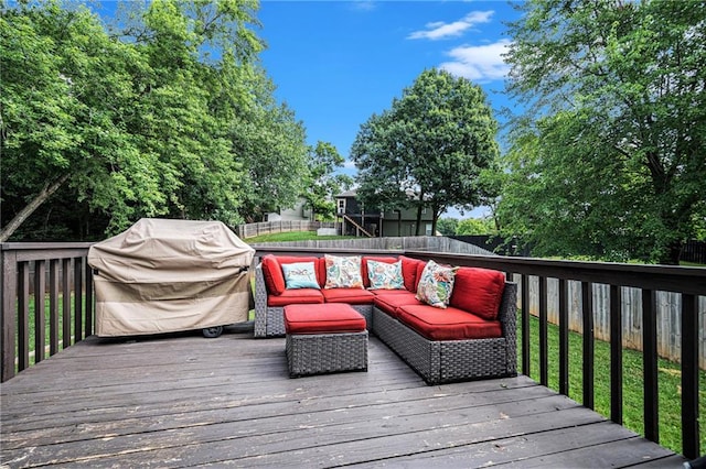 10512 Shelton Ave, Edwardsville, KS 66111 - wooden terrace featuring an outdoor hangout area, grilling area, and a fenced backyard