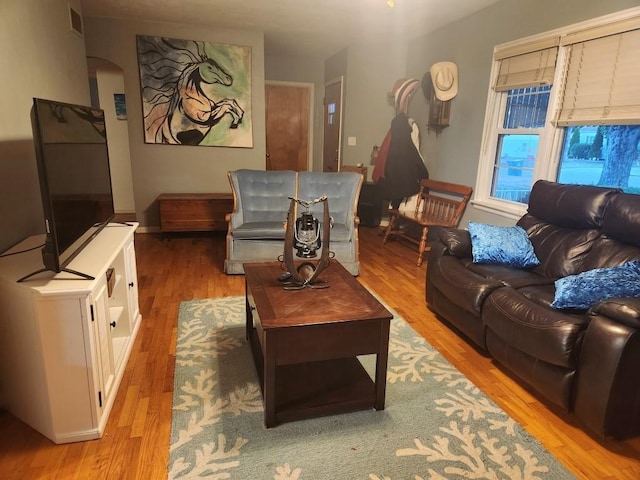 520 S Russell St, Odessa, MO 64076 - living area with light wood-type flooring and arched walkways