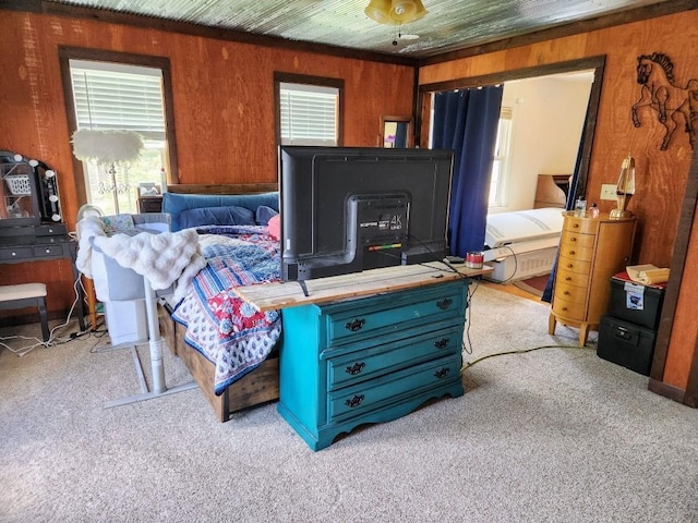 520 S Russell St, Odessa, MO 64076 - carpeted bedroom with multiple windows and wooden walls