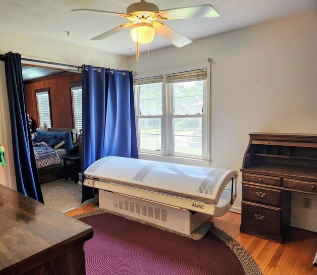 520 S Russell St, Odessa, MO 64076 - bedroom featuring multiple windows, light wood-style flooring, and ceiling fan