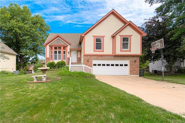 8300 W 148th St, Overland Park, KS 66223 - split level home featuring an attached garage, concrete driveway, brick siding, and a front yard