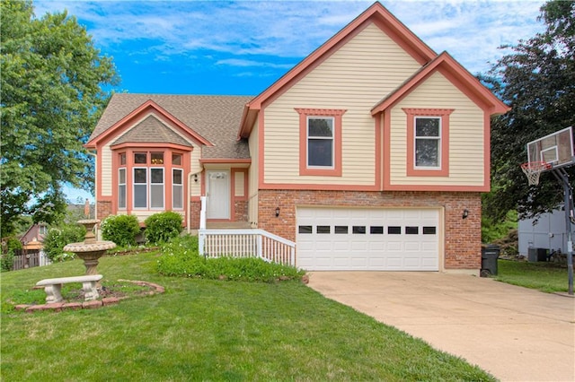 8300 W 148th St, Overland Park, KS 66223 - tri-level home with brick siding, a garage, driveway, and a front lawn