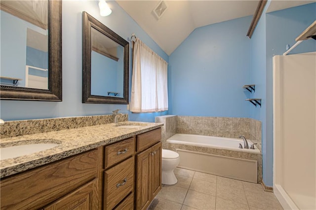 8300 W 148th St, Overland Park, KS 66223 - full bath featuring a bath, double vanity, tile patterned flooring, and vaulted ceiling
