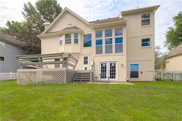 8300 W 148th St, Overland Park, KS 66223 - rear view of property with french doors, a deck, and a chimney