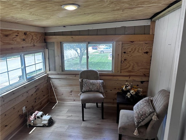 300 W Sea Ave, Independence, MO 64050 - living area featuring wood walls, wood ceiling, and hardwood / wood-style flooring