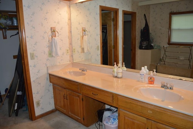 13655 S Sycamore St, Olathe, KS 66062 - full bathroom with wallpapered walls and double vanity