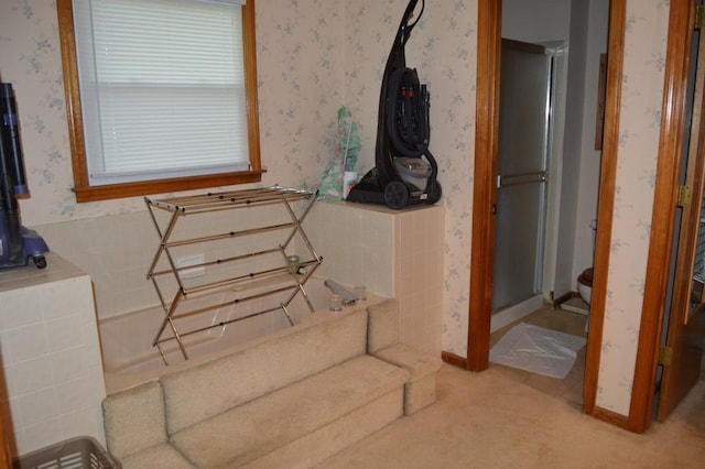 13655 S Sycamore St, Olathe, KS 66062 - staircase with wallpapered walls and carpet flooring