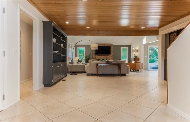 5490 W 85th Ter, Prairie Village, KS 66207 - living room with wooden ceiling, light tile patterned floors, and recessed lighting