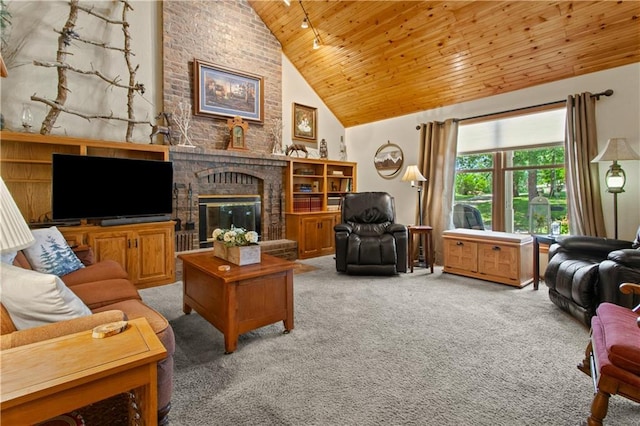 1684 Quarry Rd, Bates City, MO 64011 - living room with wood ceiling, carpet floors, high vaulted ceiling, and a brick fireplace