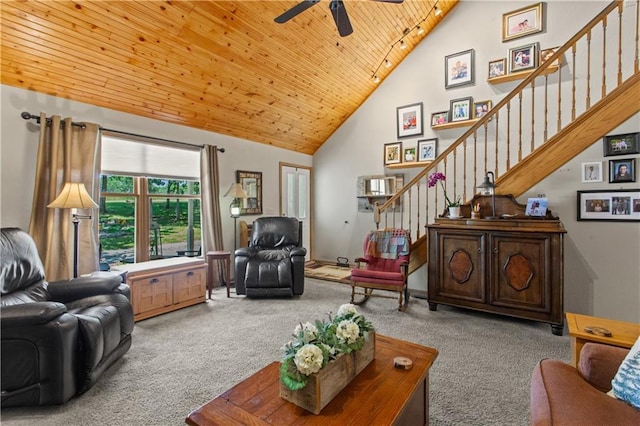 1684 Quarry Rd, Bates City, MO 64011 - living area featuring carpet floors, high vaulted ceiling, stairs, ceiling fan, and wood ceiling