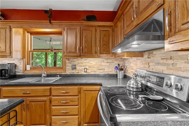 1684 Quarry Rd, Bates City, MO 64011 - kitchen with stainless steel range with electric cooktop, exhaust hood, brown cabinetry, and decorative backsplash