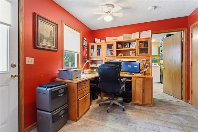 1684 Quarry Rd, Bates City, MO 64011 - office space with a ceiling fan, washer / clothes dryer, light wood-style floors, and a textured ceiling