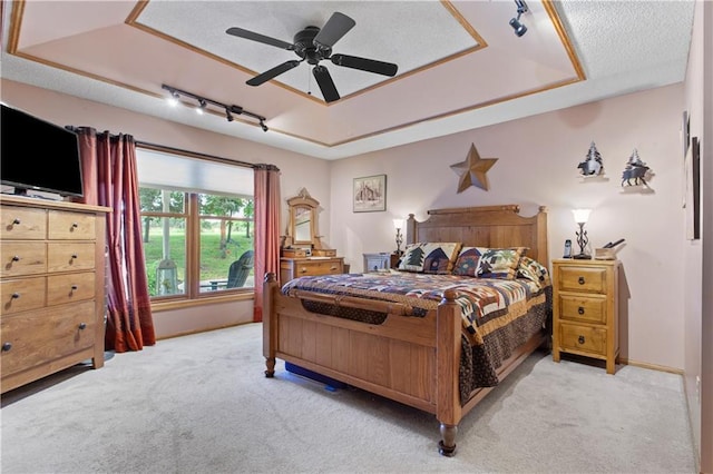 1684 Quarry Rd, Bates City, MO 64011 - carpeted bedroom featuring rail lighting, a tray ceiling, a textured ceiling, and ceiling fan