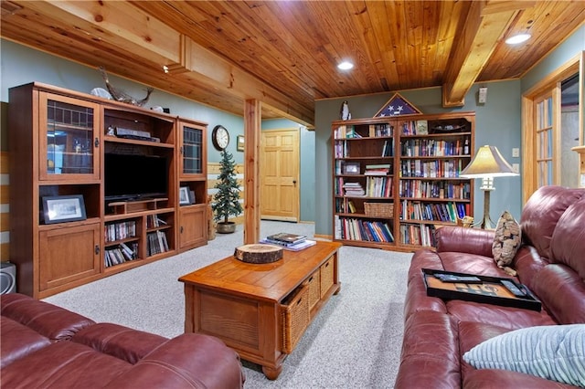 1684 Quarry Rd, Bates City, MO 64011 - carpeted living room featuring wooden ceiling and recessed lighting