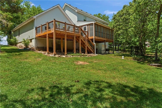 1684 Quarry Rd, Bates City, MO 64011 - rear view of property with a sunroom, a wooden deck, a lawn, and stairway