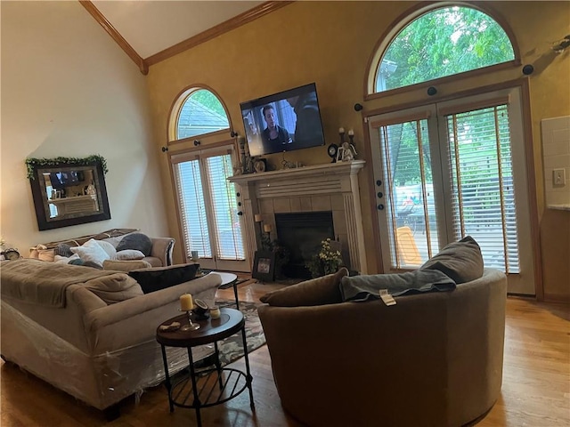 15733 Pine Cir, Basehor, KS 66007 - living room with crown molding, a tiled fireplace, high vaulted ceiling, and wood finished floors