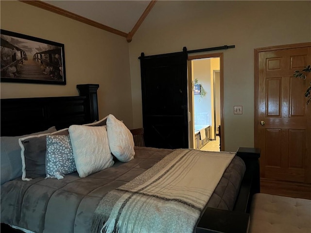15733 Pine Cir, Basehor, KS 66007 - bedroom with vaulted ceiling, ornamental molding, and a barn door
