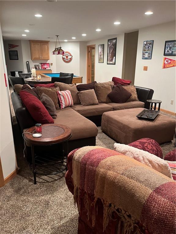 15733 Pine Cir, Basehor, KS 66007 - living area with recessed lighting, carpet floors, and pool table