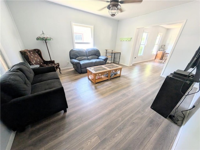 712 N Jefferson Ave, Iola, KS 66749 - living room featuring a ceiling fan and wood finished floors