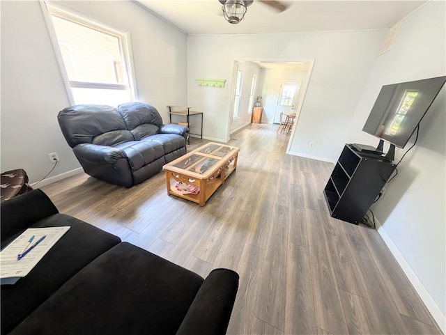 712 N Jefferson Ave, Iola, KS 66749 - living room featuring wood finished floors and ceiling fan