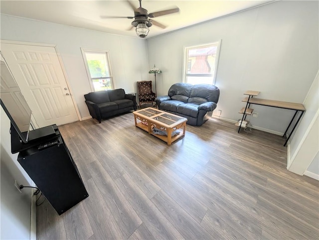 712 N Jefferson Ave, Iola, KS 66749 - living area featuring wood finished floors and ceiling fan