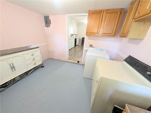 712 N Jefferson Ave, Iola, KS 66749 - washroom with cabinet space, washer and dryer, and wooden walls