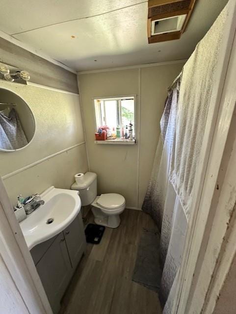 12074 S 1600th Rd, Nevada, MO 64772 - bathroom featuring vanity, wood finished floors, and a shower with curtain