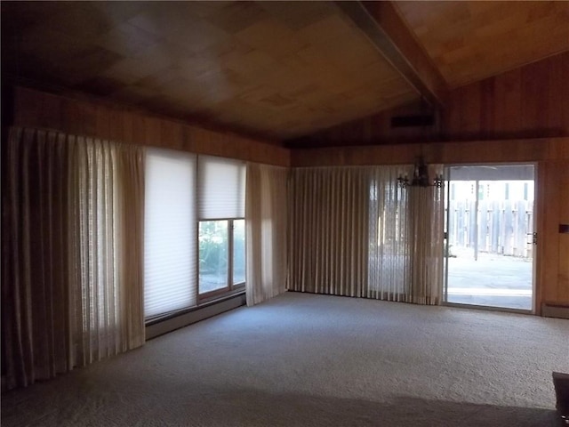 201 S Larson Ave, Chanute, KS 66720 - carpeted empty room featuring vaulted ceiling and wooden walls